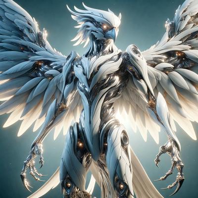 The primary subject of the image is a futuristic robot with white wings and a bird-like appearance. The robot is standing in a blue environment, which serves as the background. The visual style of the image is digital art, as it appears to be a computer-generated or digitally rendered creation. The dominant colors in the image are blue and white, giving it a calm and futuristic atmosphere.